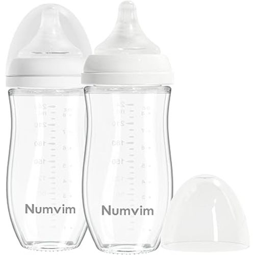 Glass Nurturing Baby Bottle for Breastfeeding Babies, Baby Essentials, Gentle Medium Flow, Wide Neck Bottle with Anti Colic Nipple for 3 Months Babies, Includes M Nipples (8Oz, 2 Packs)