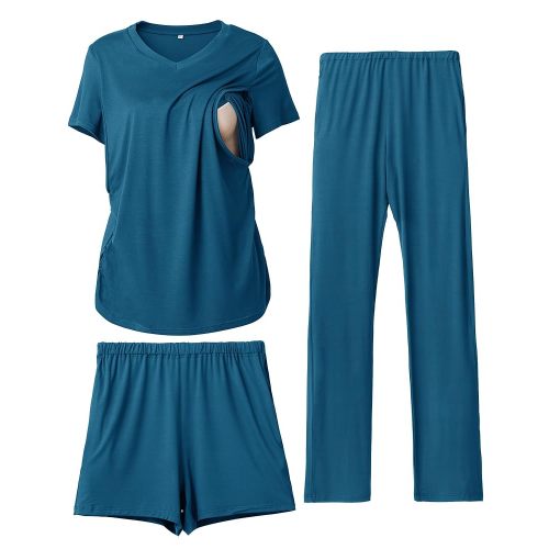 Rnxrbb 3 Piece Women's Maternity Nursing Pajamas Set V Neck Breastfeeding Pjs Sleepwear Postpartum Shorts&Pants Pockets
