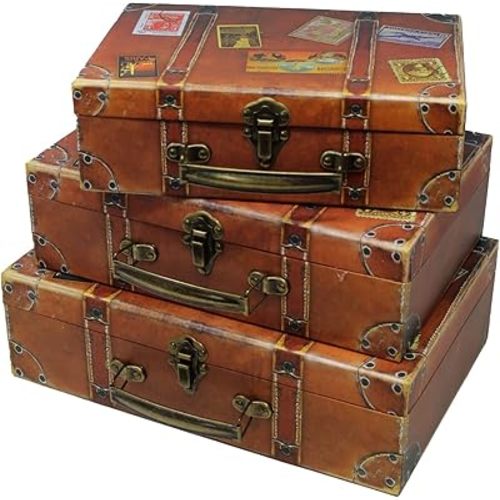 Blue Orchards Decorative Travel Themed Chest Paperboard Boxes (Set of 3) - Small Stackable Storage Chests for Jewelry - Chest Box for Themed Parties - Bedroom Display or Party Décor