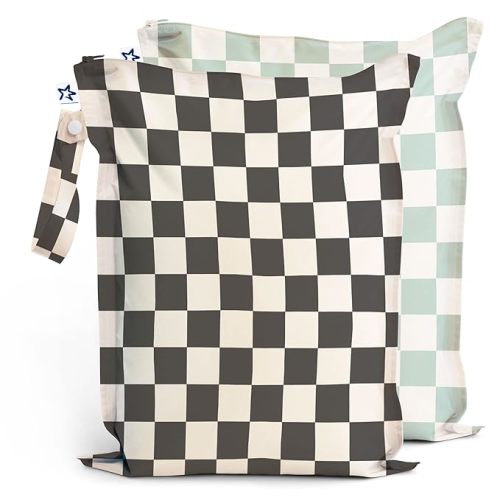 Tiny Twinkle Mess-proof Wet Bags 2 Pack Waterproof and Washable Bag for Travel storage, Stroller, Daycare, Baby Diapers, Yoga, Beach, Pool, Wet Toddler Swimsuits (Black, Green Checkers) - Blue,Black Checkers