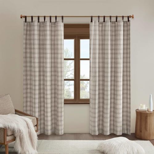 Madison Park Anaheim Cabin Plaid Curtain Window, Thermal Insulated Fleece Lining, Living Room Decor Room Darkening Drape for Bedroom, 1-Single Panel Pack, 50" x 84", Faux Leather Tab, Brown