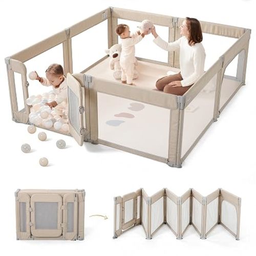 Sweeby Foldable Baby Playpen, 79x71 Playpens for Babies and Toddlers Large Play Yard with Door Baby Fence with Gate and Indoor & Outdoor Play Pen, Beige