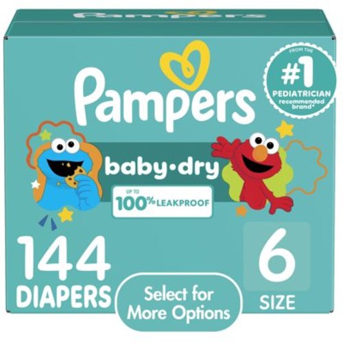Pampers Baby-Dry Diapers, Size 6, 144 Count, 12H Dryness, 5 Layers, Hypoallergenic