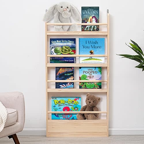 Kids Bookshelf 4-Tier - Space-Saving Behind The Door Storage Shelf - Pine Wood Thin Bookshelf 4 Shelves Wall Mounted - Suitable for Children's Books in Bedroom, Living Room and Nursery