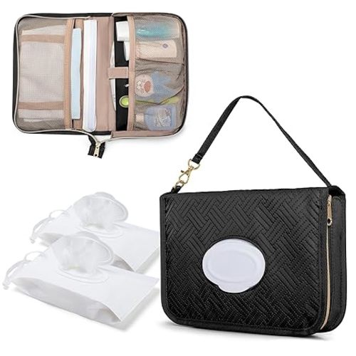 Diaper Clutch Bag with 2 Pieces Wipes Dispensers, Small Diaper Bag with Multiple Pockets for Storage of Baby Necessities, Baby Travel Essential, Black