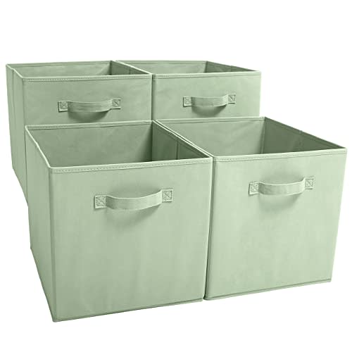 EZOWare Set of 4 Foldable Fabric Basket Bins, 13"x15"x13" Collapsible Storage Organizer Cube with Handle for Clothes Nursery Toys - Pastel Green