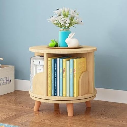 Gdrasuya10 Small Rotating Bookshelf with Legs, 360° Rotating Bookshelf Organizer Wooden Storage Bookshelf Desk Supplies Organizer for Small Spaces Open Book Shelf for Home