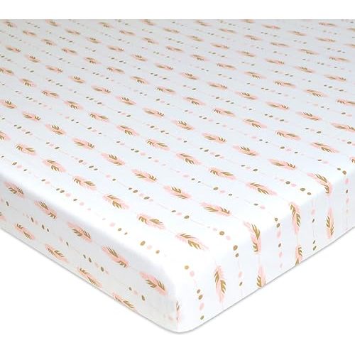 American Baby Company Fitted Pack N Play Playard Sheet 27" x 39", Soft Breathable 100% Cotton Jersey Pack and Play Sheet, Sparkle Gold/Pink Feathers, for Boys and Girls, Fits Most Mini Crib Mattresses