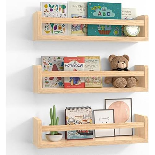 Floating Wall Nursery Book Shelves for Bedrooms Kids 16.5 Inch Natural Color Wooden Baby Book Shelf for Kids Rooms Set of 3 Nursery Shelves for Wall Mounted Toddler Bookshelf
