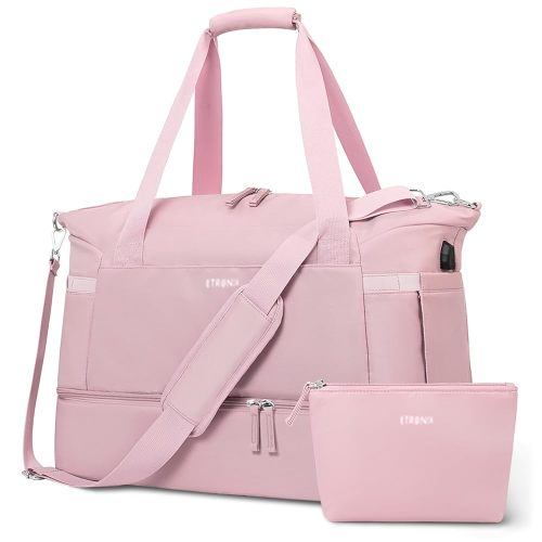 ETRONIK Gym Bag for Women, 47L Carry On Travel Duffel Bag with Shoes Compartment, Weekender Overnight Bag with Wet Pocket & USB Charging Port for Women, Travel, Gym, Weekend, Large Size (Pink)