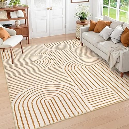 Lahome Abstract Washable 6x9 Rug, Soft Large Rugs for Living Room Ultra-Thin Non Slip Bedroom Rug, Stain Resistant Rainbow Orange Rug Easy Clean Throw Carpet for Dining Room(6'x9',Orange)