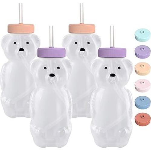 Honey Bear Straw Cups for Babies 4 pack, 8oz straw bear cup with improved safety lid design, honey bear cup and honey bear bottle. Straw learning therapy cup. Leak-Proof & Food-Grade & BPA Free