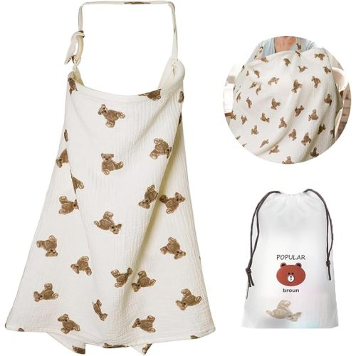 Muslin Nursing Cover Baby Breastfeeding Nursing Cover Infant Cloth Stroller Cover 360°Coverage Breathable Lightweight for Privacy Shield - KAMHBE (Bear)