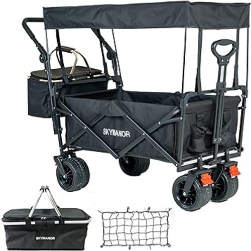 Collapsible Wagon Folding Garden Cart with Removable Canopy Utility Wagon Cart with All-Terrain Wheels Brake Beach Cart for Sand Heavy Duty Beach Wagon for Camping Shopping (Black)