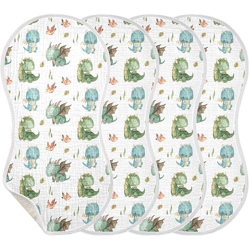 Burbuja Cute Dragon Muslin Baby Burp Cloths, Soft & Absorbent Cotton Burping Rags for Newborn Boys & Girls, 4 Pack
