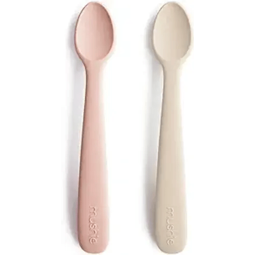 mushie Silicone Baby Feeding Spoons | 2 Pack (Blush/Shifting Sand)