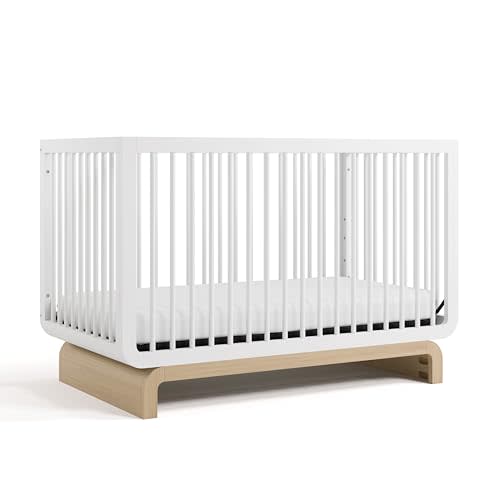 Storkcraft Santorini Deluxe 5-in-1 Convertible Crib with Bonus Toddler Guardrail (White with Driftwood) – GREENGUARD Gold Certified, Toddler Guardrail Included in Box, Fits Standard Crib Mattress