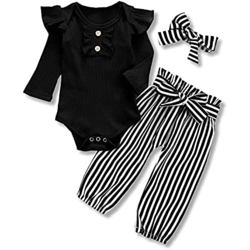 Kislio Newborn Baby Girls Clothes Ribbed Ruffled Romper+Floral Pants+Headband Infant Outfit Set