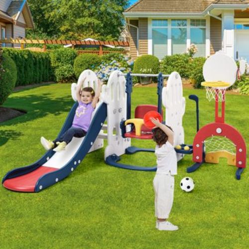 7 in 1 Toddler Slide and Swing Set, Kids Freestanding Slide Climber with Adjustable Swing and Basketball Hoop