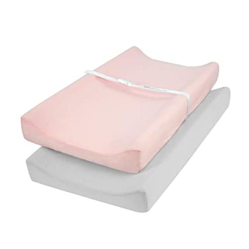 TILLYOU Jersey Knit Ultra Soft Changing Pad Cover Set, Unisex Diaper Change Table Sheets for Baby Boys Girls, Fit 32"/34''x16" Contoured Pad, Comfy Cozy 2-Pack Cradle Sheets, Peachy Pink & Lt Gray - Pack of 2 - 2-pack Peachy Pink & Lt Gray
