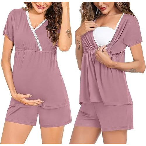 SWOMOG Maternity Nursing Pajamas Set 2 PCS Breastfeeding Sleepwear Short Sleeve Top & Shorts Pregnancy Pjs Postpartum Set