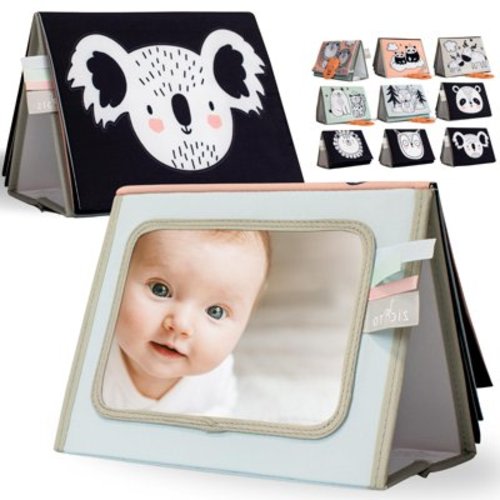 ZICOTO Soft Tummy Time Book with Large Stimulating Baby Safe Mirror - Fun High Contrast Montessori Toy w/ Mirror, Crinkle Paper & Silicone Teether The Perfect, (zic-ttbook2_23-050)