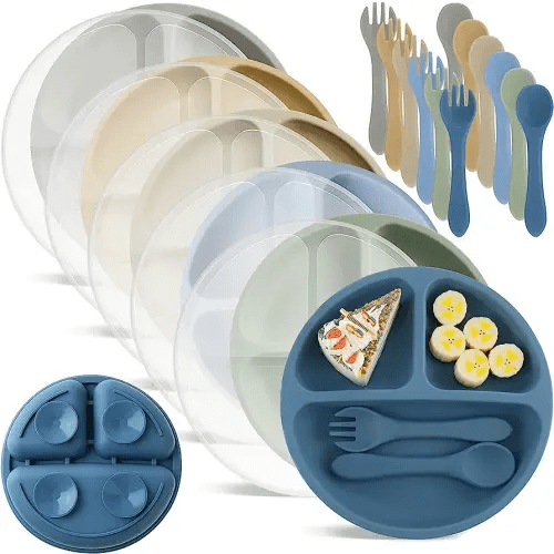 Meanplan 6 Pack Suction Plates with Lids Silicone Baby Plates Toddler Plates Divided Design Stay Put with Suction Feature BPA Free Microwave and Dishwasher Safe Assorted Colors (Elegant Colors)