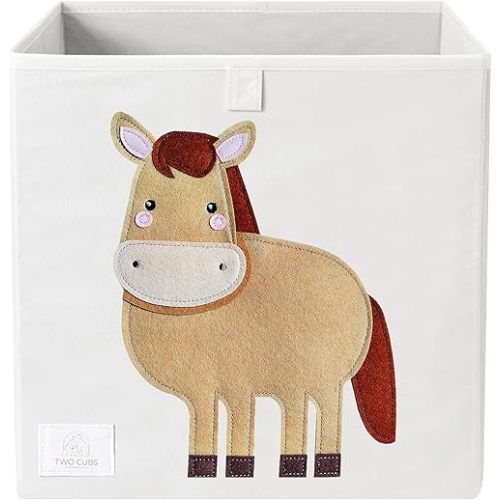 Two Cubs Storage Box - Kids Toys Organizer (13"x13"x13"), White, Foldable Toy Storage Bin, Nursery Storage Basket, Cube Organizer for Kallax Shelves, Durable, Collapsible, Farm Animal - Horse