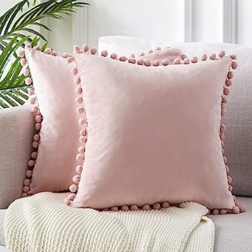 Top Finel Blush Pink Throw Pillow Covers 18x18 Inches for Couch Aesthetic Decorative Sofa Pillow Covers Set of 2 Soft Velvet Cushion Cover Pillow Cases with Pom-poms for Bedroom Livingroom Office Car