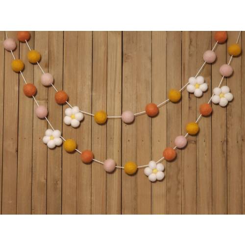 Boho Daisy Felt Ball Garland, Girl Nursery Decor, Baby Shower Decorations, Girls Room, Coral, Mustard, and Blush Pom Poms and Spring Flowers