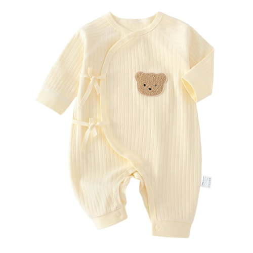 Somenie Newborn Baby Cotton Onesie, Cute Bear Patched Casual Long Sleeve Bodysuit, Toddler & Infant Girl's Comfortable Clothing(Apricot)