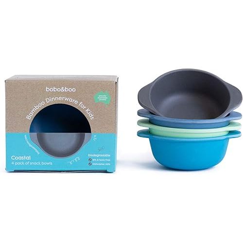 bobo&boo Bamboo Kids Snack Bowls, Set of 4 Bamboo Dishes, Non Toxic, Eco Friendly & Stackable Kids Snack Containers, Great Gift for Baby Showers, Birthdays & Preschool Graduations,Coastal