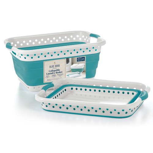Blue Door Collapsible Laundry Basket Portable Pop Up Plastic Laundry Hamper with Dual Grip, 10.5-Gallon Teal