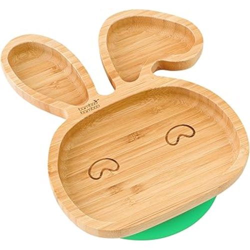 Bamboo Baby Plate with Suction - Kids and Toddler Suction Cup Plate for Babies, Non-toxic All-Natural Bamboo Baby Food Plate Stays Cool to the Touch for Baby-Led Weaning (Bunny-Green)