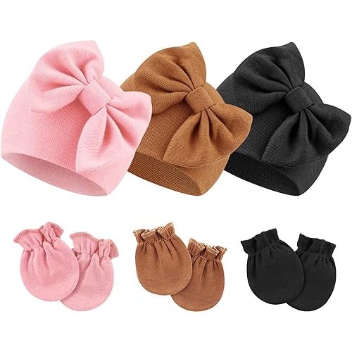 BQUBO Newborn Baby Hospital Hats Beanie Bow Infant Caps Baby Cotton No Scratch Mittens Set for 0-6 Months