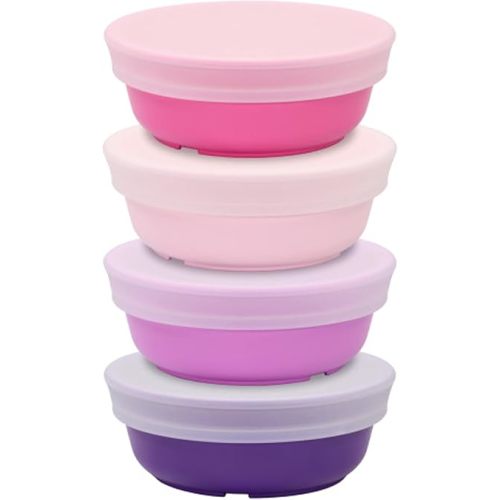 Re-Play Made in USA 12 Oz. Reusable Plastic Bowls, Pack of 4 With 4 Lids - Dishwasher and Microwave Safe Bowls with Lids for Everyday Dining - Toddler Bowl Set 5.75" x 5.75" x 2", Princess