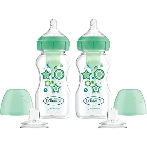 Dr. Brown’s Anti-Colic Options+ Wide-Neck Sippy Bottle Starter Kit, 9oz/270mL, with Level 3 Medium-Fast Flow Nipple and Soft 100% Silicone Sippy Spout, Green, BPA Free, 6m+, 2 Pack