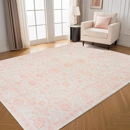 Area Rugs for Living Room - Machine Washable Non Slip Vintage Rug for Bedroom - Low Pile Lightweight Print Floor Carpet for Dining Room,Home Office (Light Pink, 8'x10')