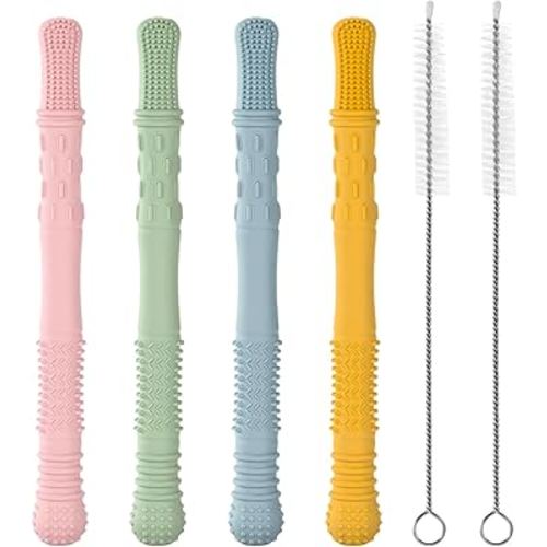 Baby Teether Tubes Teething Toys, 4 Pack silicone Hollow Teething Sticks for Babies 0-36 Months Chew Straw Toy Infant Teething Relief Toddlers Teething Tubes Baby Gift Teethers for Girls Boys