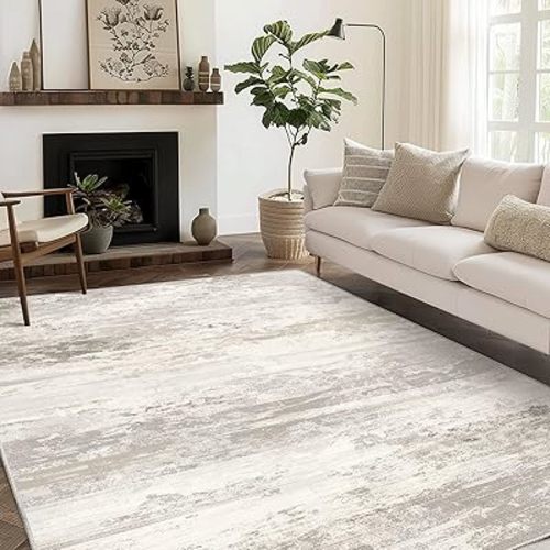 Floor Flair Machine Washable and Stain-Resistant 4x6 Area Rug, for Bedroom, Living Room, Kitchen Rug, Non Slip and Foldable Vintage Abstract Modern Area Rug (Beige, 4x6)