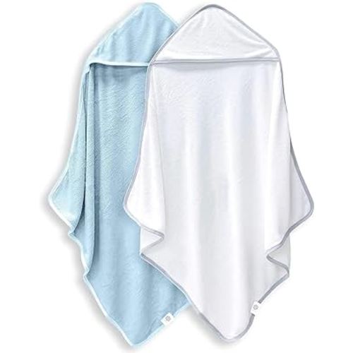 2 Pack Baby Bath Towel - Rayon Made from Bamboo, Ultra Soft Hooded Towels for Babies,Toddler,Infant - Newborn Essential -Perfect Baby Registry Gifts for Boy Girl - Blue and White