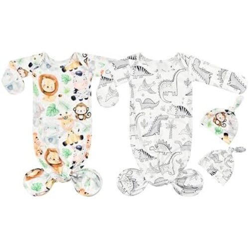 Newborn Baby Boy Long Sleeve Sleeper Gown with Mittens Knotted Gown Coming Home Outfit Nightgown Hat Set 2 Pieces