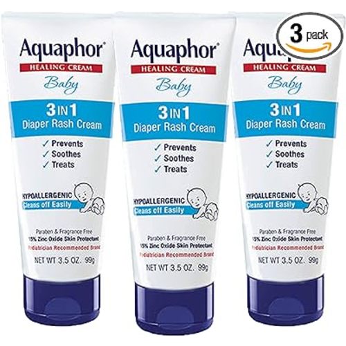 Aquaphor 3-in-1 Diaper Rash Cream, 3.5 Oz Tube, Pack of 3, Baby, Pediatrician Recommended, Zinc Oxide Formula, 15% Active Ingredient, Semisolid, Over-the-counter Skin Protectant