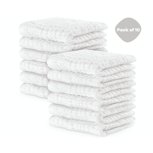 Muslin Cotton Baby Washcloths, 10x10, Soft for Sensitive Skin, Newborn Essentials, Pack of 10 (White)