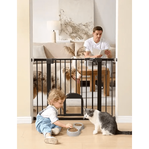 Babelio Upgraded Baby Gate with Cat Door, 29-43" Auto Close Durable Dog Gate for Stairs, Doorways and House, Easy Walk Thru Safety Gate with Pet Door Includes 4 Wall Cups, Black