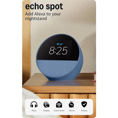Amazon Echo Spot (newest model), Great for nightstands, offices and kitchens, Smart alarm clock with Alexa+ Early Access, Ocean Blue
