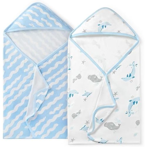 Momcozy Baby Towel with Hooded-Original Design Baby Towel Set -Soft & Absorbent- Shower Gifts or Bath Essential for Infant, Newborn, Toddler, Marine Sea Whale Seal Waves Magic