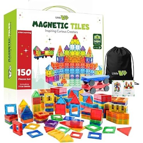 Little Vo Magnetic Tiles 150 PCS with 2 Cars Bases, STEM Magnet Building Tiles for Kids Ages 3-12, Educational Building Magnets Toys, Creative Construction, Preschool Learning & Play for Childs