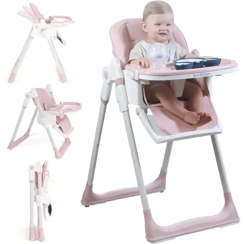 3 in 1 Baby High Chair with Wheels, Adjustable 5 Point Harness, Tray, Foot Rest, Backrest and Seat Height, Foldable High Chair for Toddlers, Pink