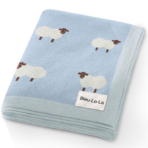 Bleu La La 100% Luxury Cotton Knit Swaddle Receiving Blanket for Blanket for Newborn and Infant Boys and Girls - Sheep - Blue